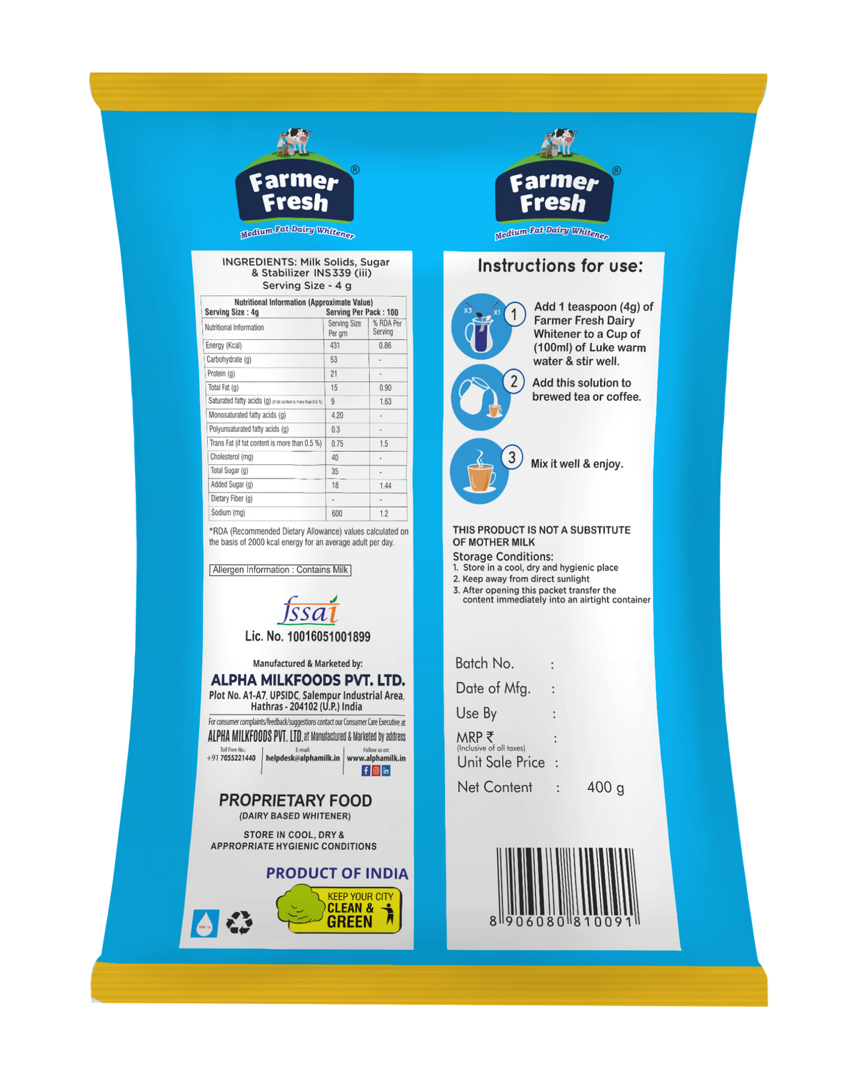 Farmer Fresh Dairy Whitener Magica 400gm Pouch